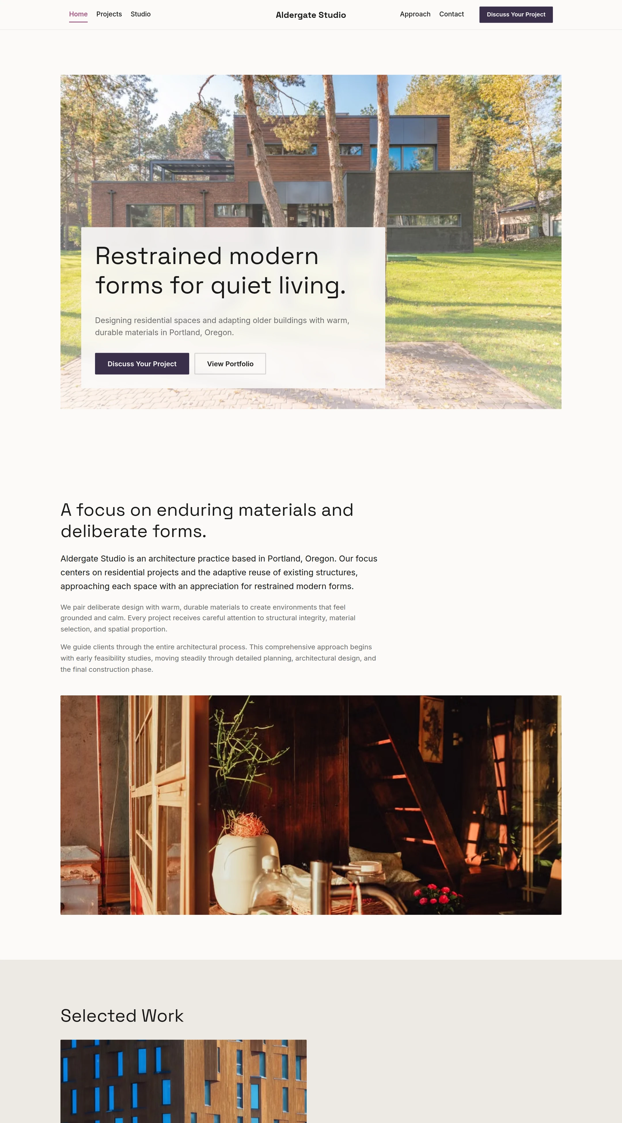 Desktop view of the Aldergate Studio home page, a generated architecture demo website