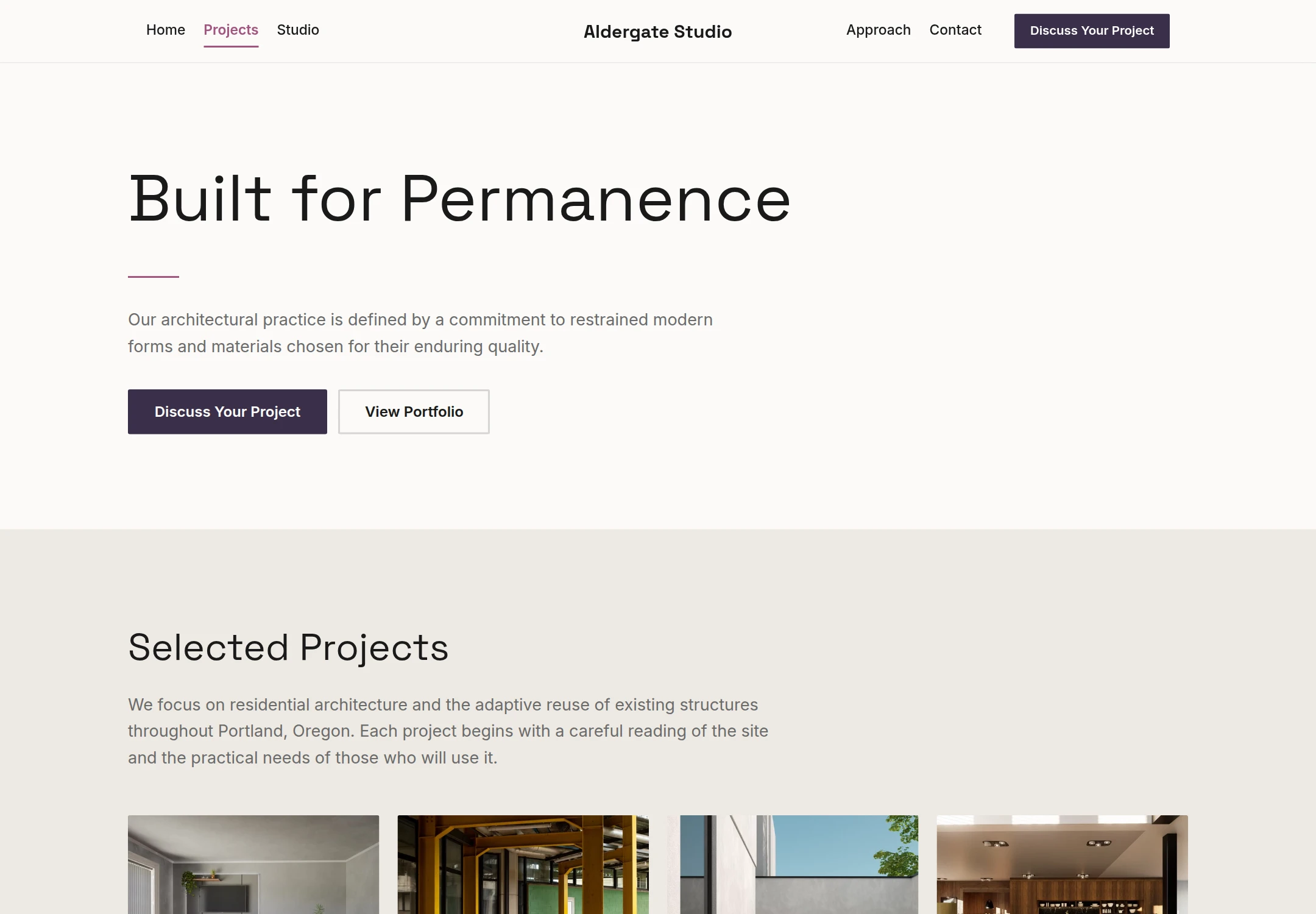 A second generated page of the Aldergate Studio website on desktop