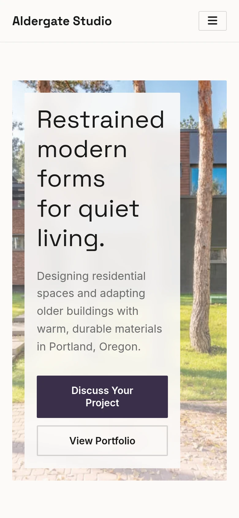 Mobile view of the Aldergate Studio home page, a generated architecture demo website