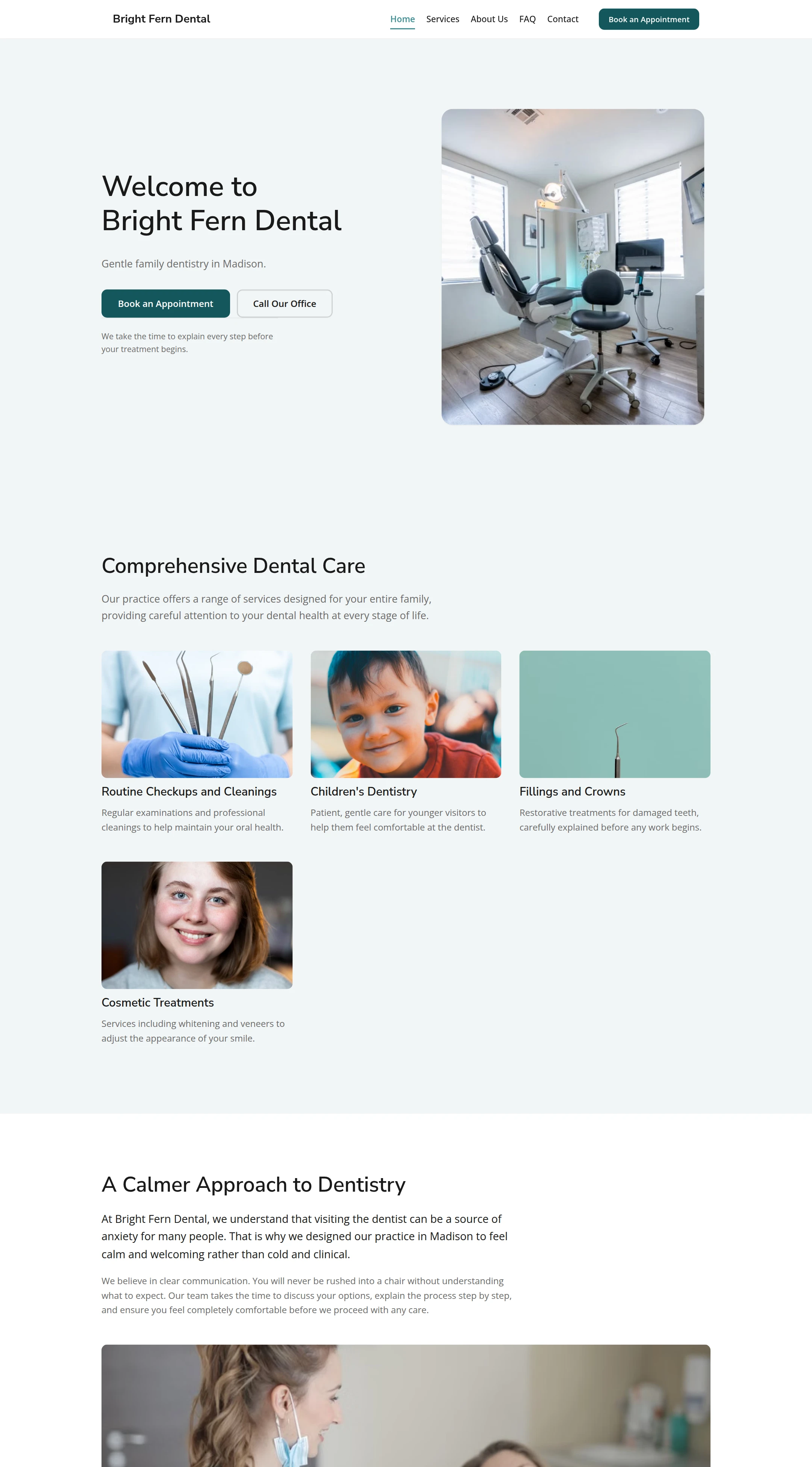 Desktop view of the Bright Fern Dental home page, a generated dentist demo website