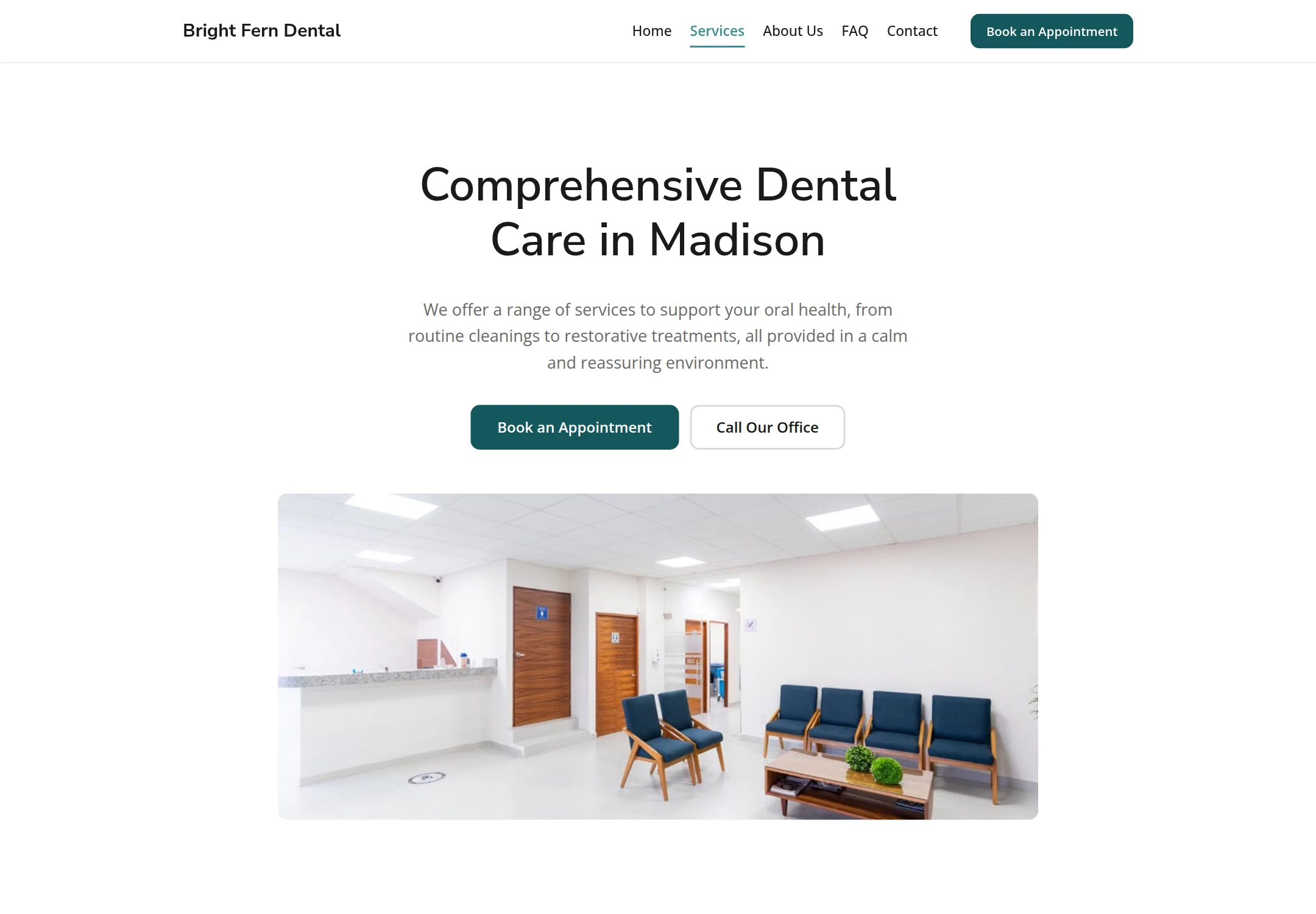 A second generated page of the Bright Fern Dental website on desktop