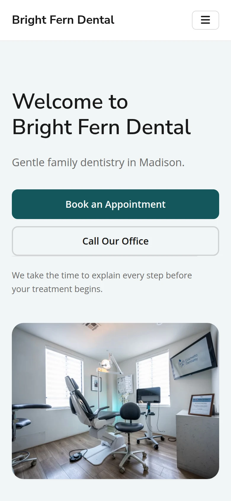 Mobile view of the Bright Fern Dental home page