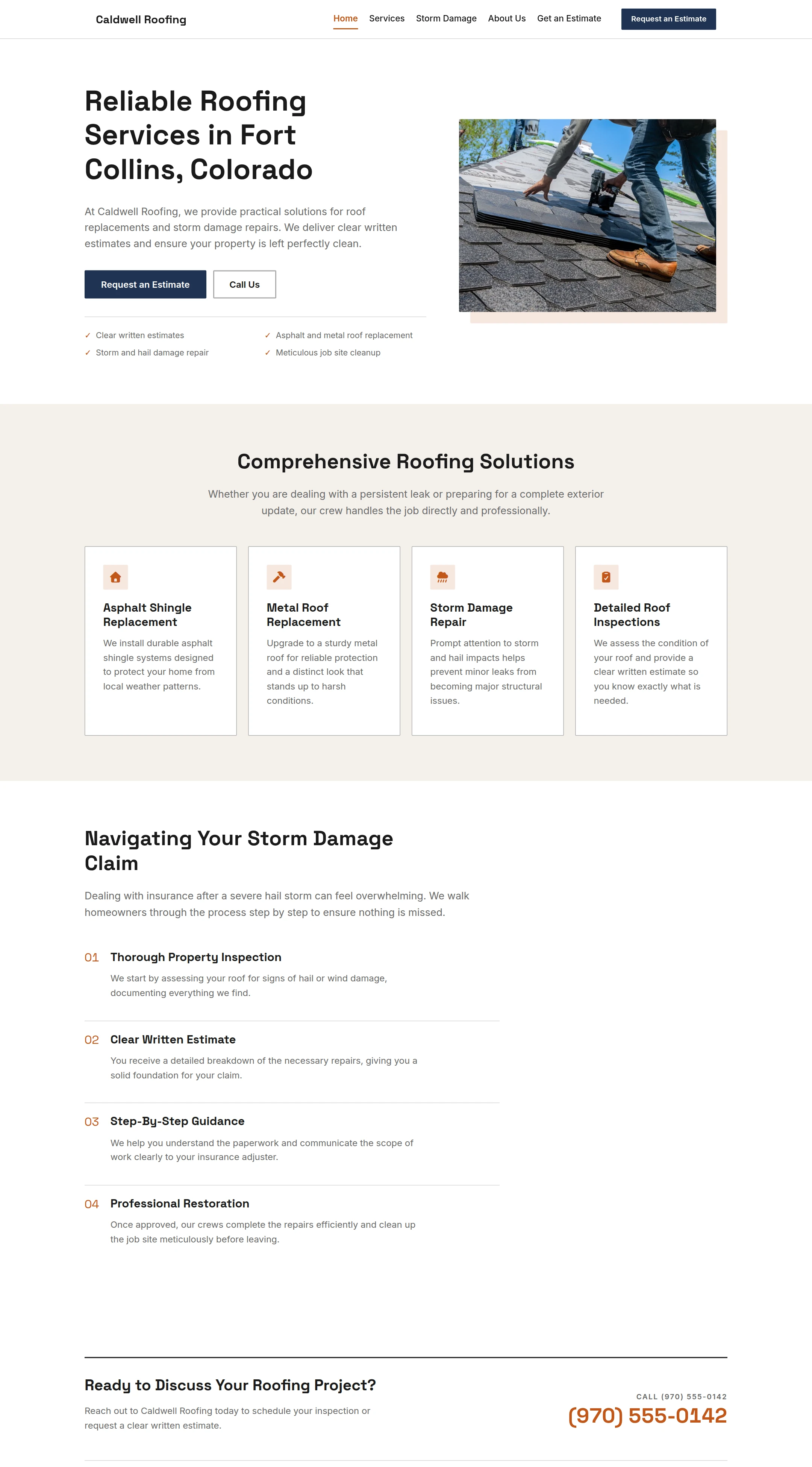 Desktop view of the Caldwell Roofing home page, a generated roofing demo website