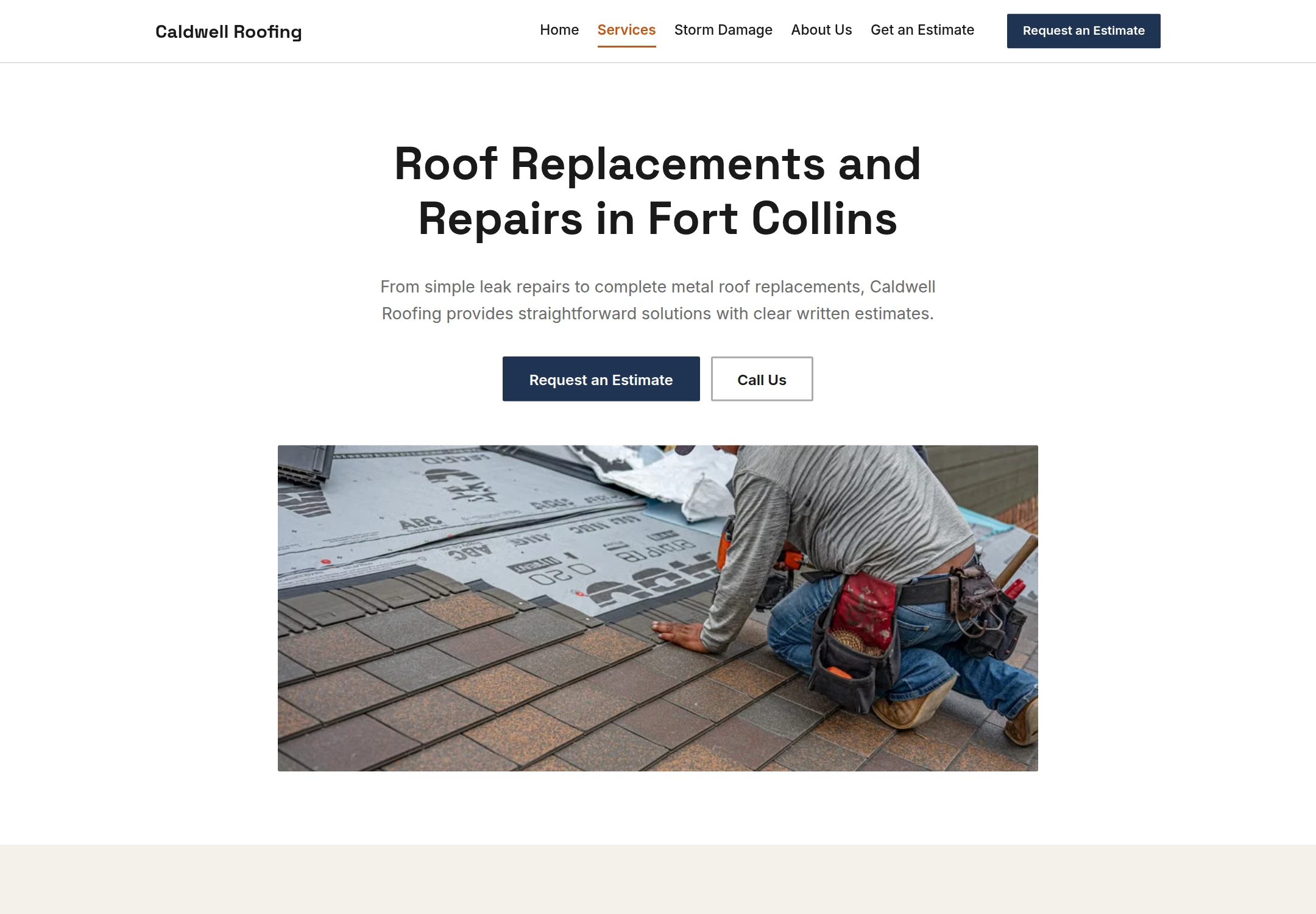 A second generated page of the Caldwell Roofing website on desktop