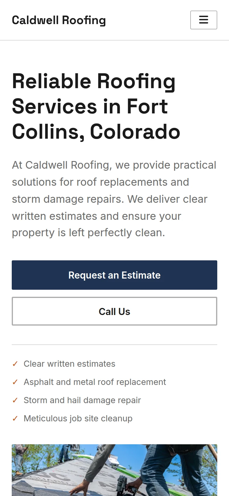 Mobile view of the Caldwell Roofing home page