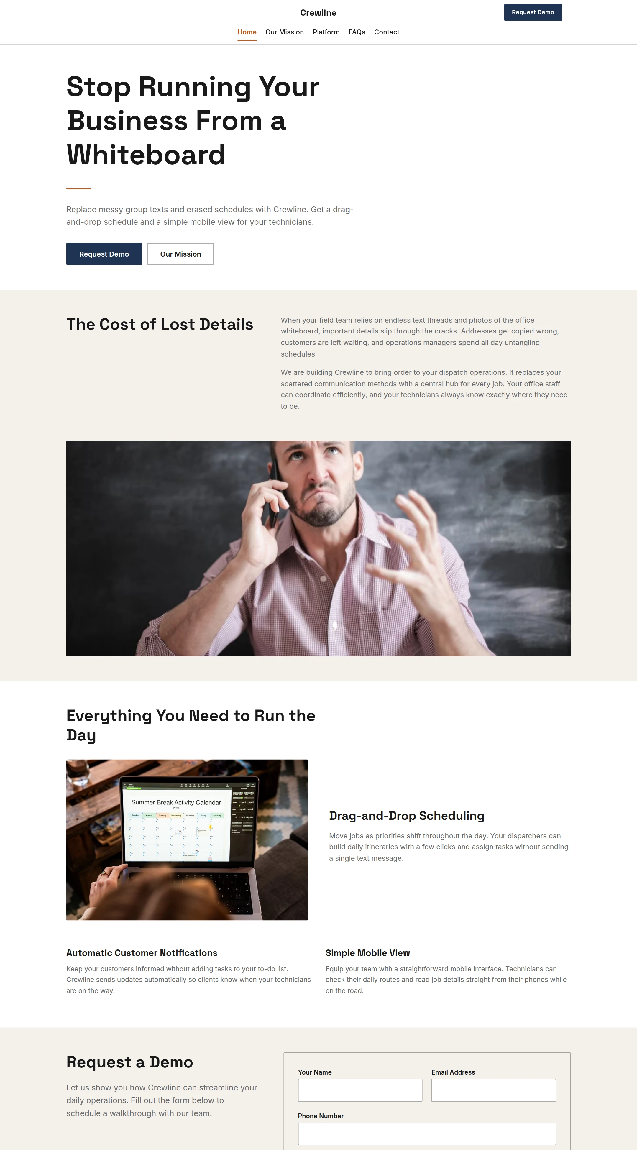 Desktop view of the Crewline home page, a generated saas demo website
