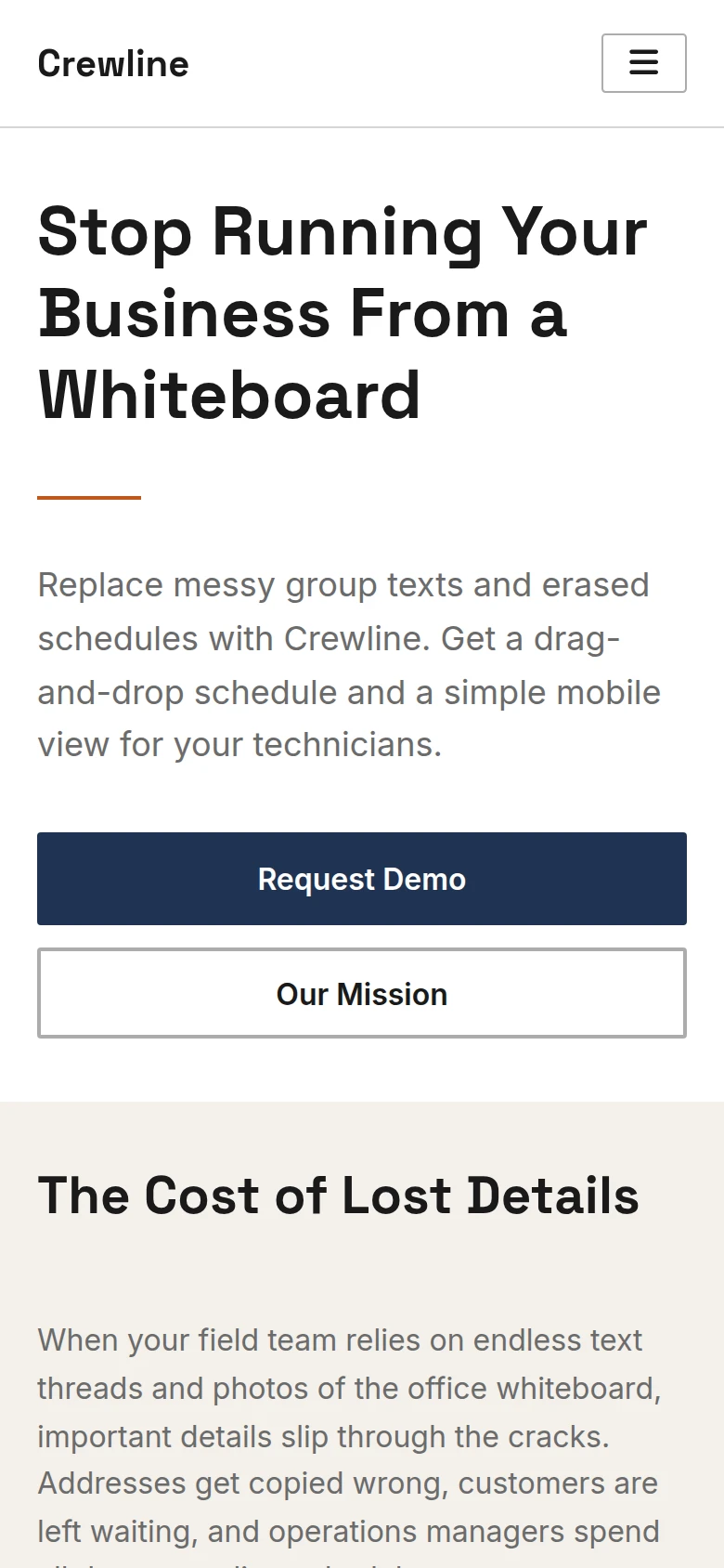 Mobile view of the Crewline home page, a generated saas demo website