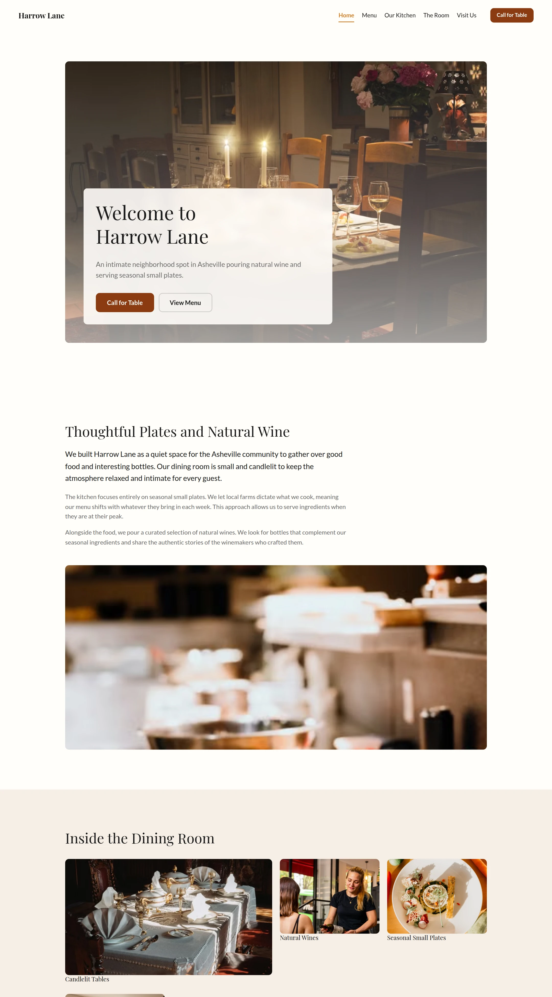 Desktop view of the Harrow Lane home page, a generated restaurant demo website