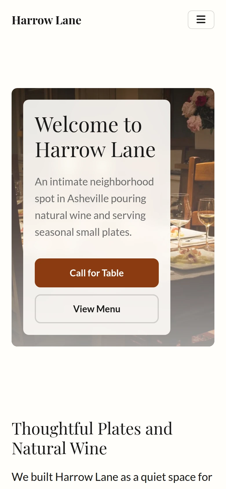 Mobile view of the Harrow Lane home page, a generated restaurant demo website
