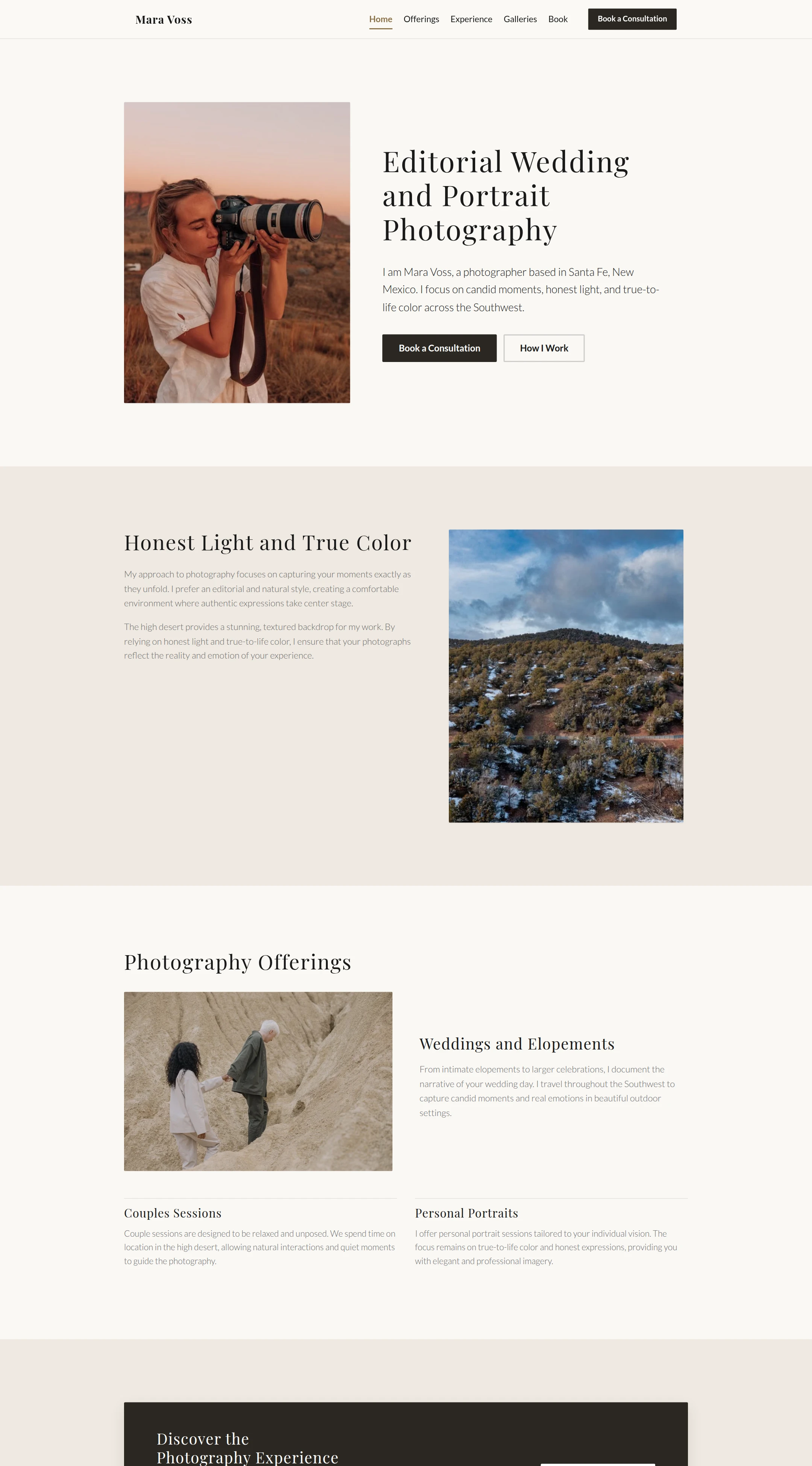 Desktop view of the Mara Voss Photography home page, a generated photographer demo website