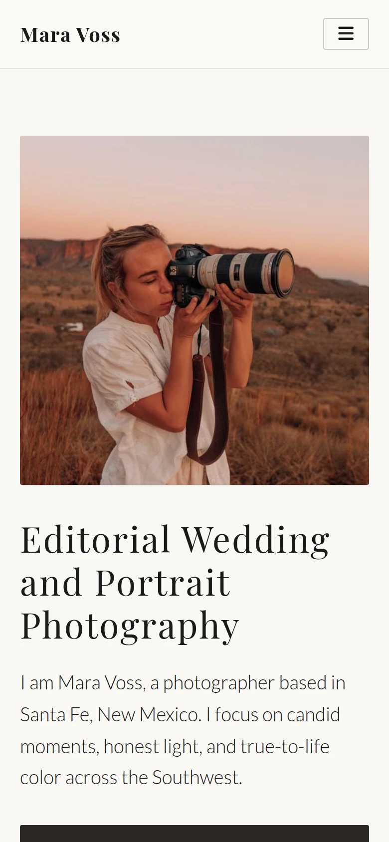 Mobile view of the Mara Voss Photography home page